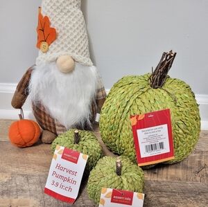 Handcrafted Harvest Autumn Gnome and Green Wove Pumpkin Cottagecore Decor Set
